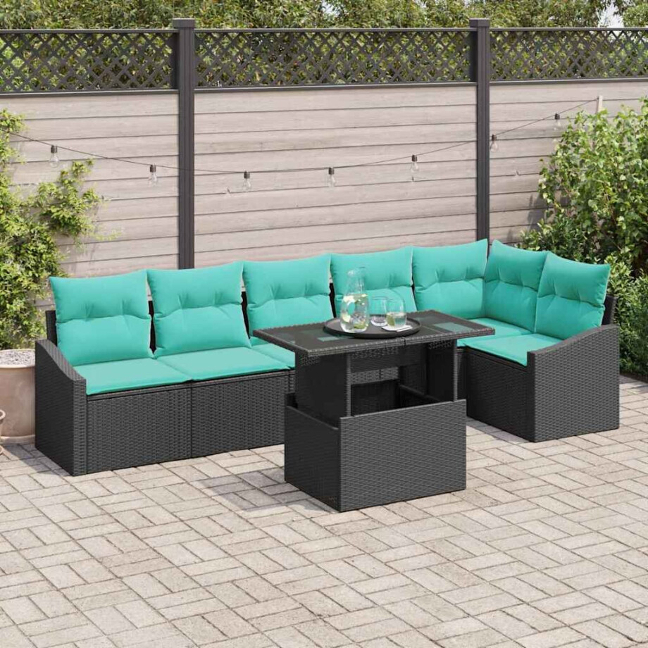 vidaXL Tuin Sofa Set met kussen met opslag 7 pcs Zwart en blauw afbeelding 1