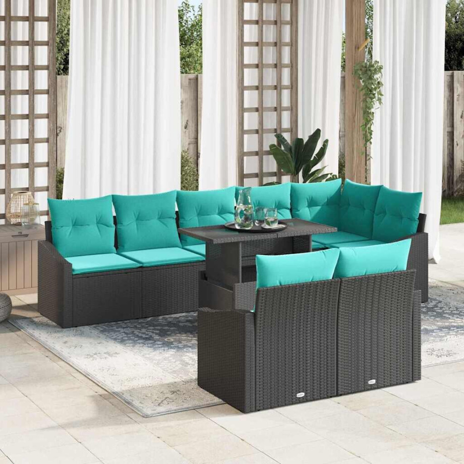 vidaXL Tuin Sofa Set met kussen 9 pcs Zwart en Blauw poly rattan afbeelding 1