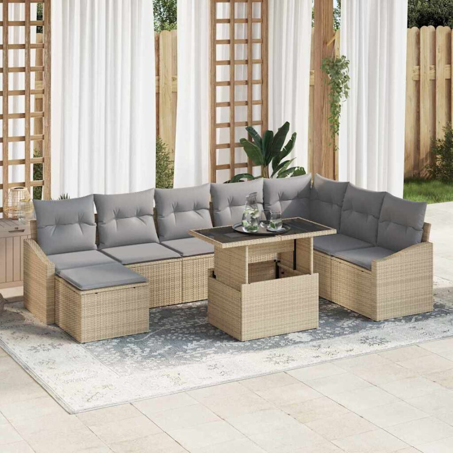 vidaXL Bankstel met kussen 9 pcs Beige en Licht Grijs poly rattan afbeelding 1