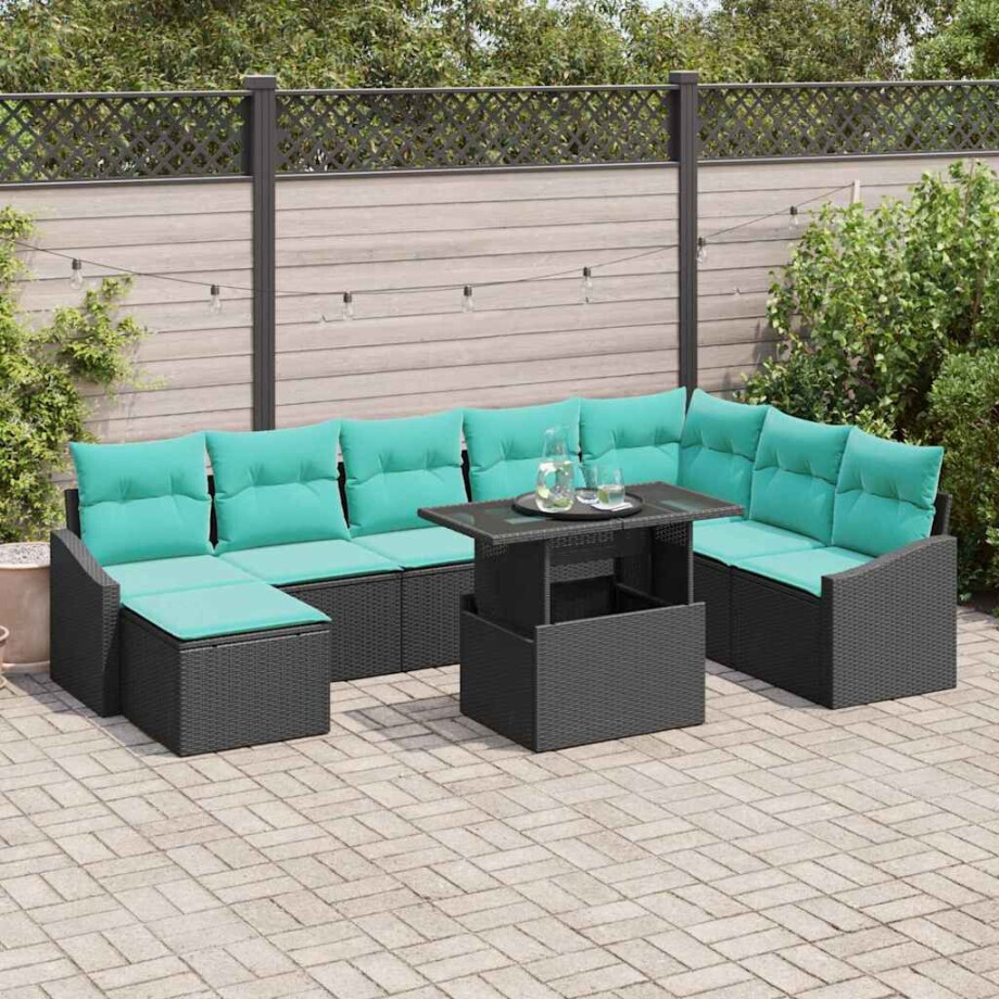 vidaXL Bankstel met kussen met opslag 9 pcs Zwart en Blauw poly rattan vidaXL Bankstel met kussen met opslag 9 pcs Zwart en Blauw poly rattan afbeelding 1