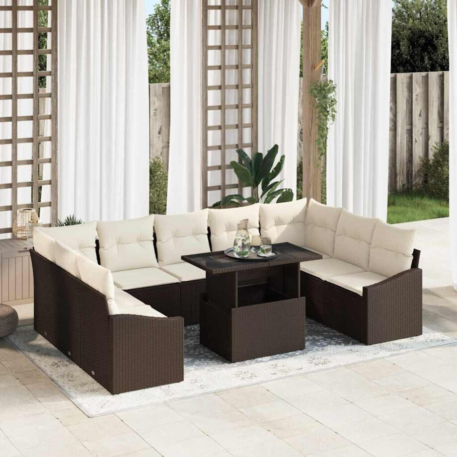 vidaXL Bankstel met kussen 10 pcs Bruin en Crème poly rattan afbeelding 1