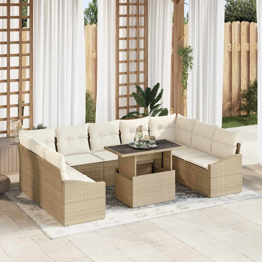vidaXL Bankstel met kussen 10 pcs Beige en Crème poly rattan afbeelding 1