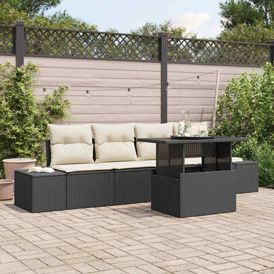 vidaXL Bankstel met kussen 5 pcs Zwart en Crème poly rattan afbeelding 1