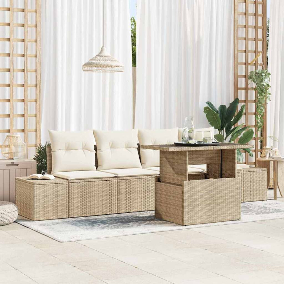 vidaXL Bankstel met kussen 5 pcs Beige en Crème poly rattan vidaXL Bankstel met kussen 5 pcs Beige en Crème poly rattan afbeelding 1