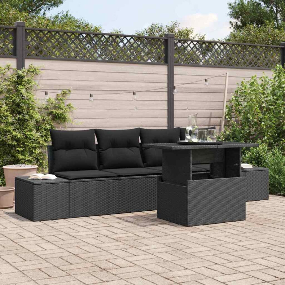 vidaXL Bankstel met kussen 5 pcs Zwart poly rattan afbeelding 1