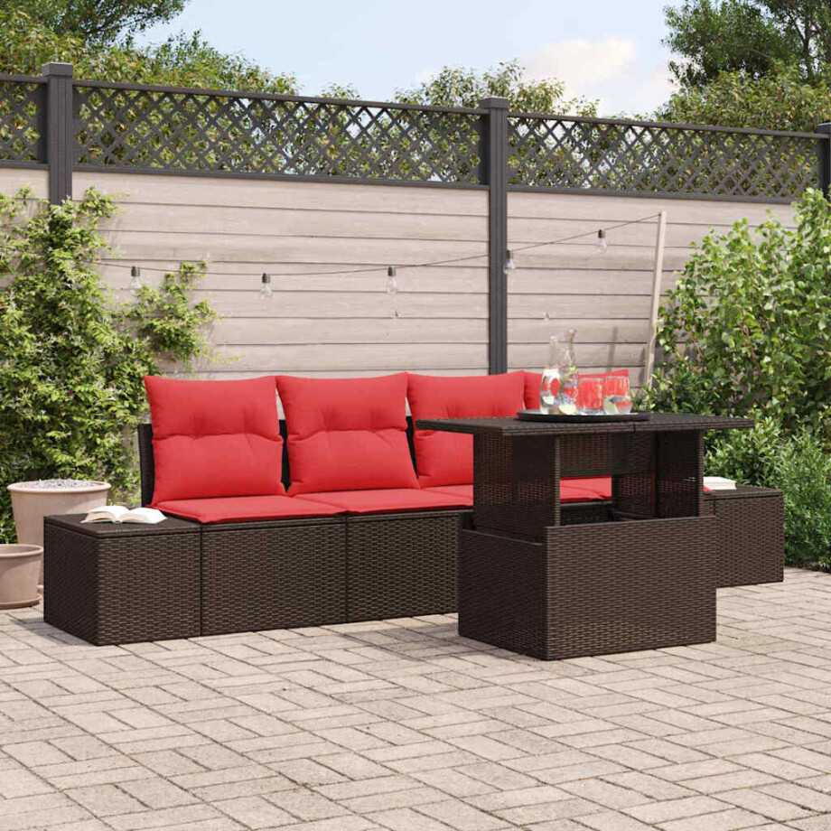 vidaXL Bankstel met kussen 5 pcs Bruin en Rood poly rattan afbeelding 1