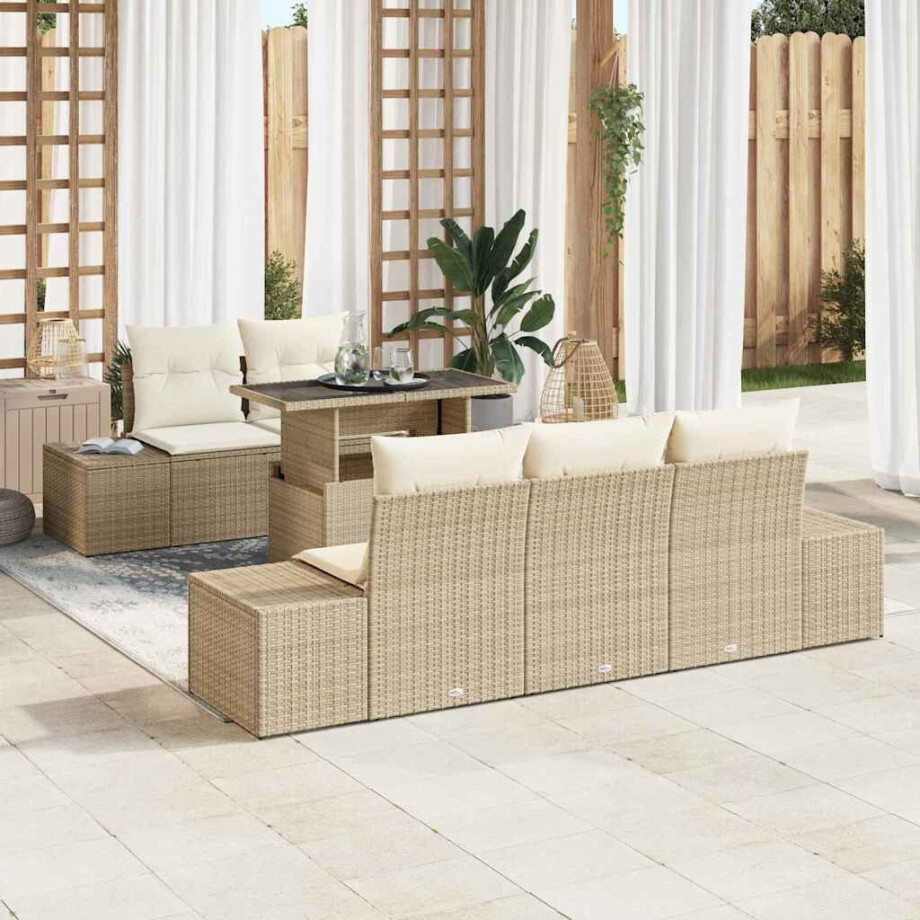 vidaXL Bankstel met kussen 6 pcs Beige en Crème poly rattan vidaXL Bankstel met kussen 6 pcs Beige en Crème poly rattan afbeelding 1