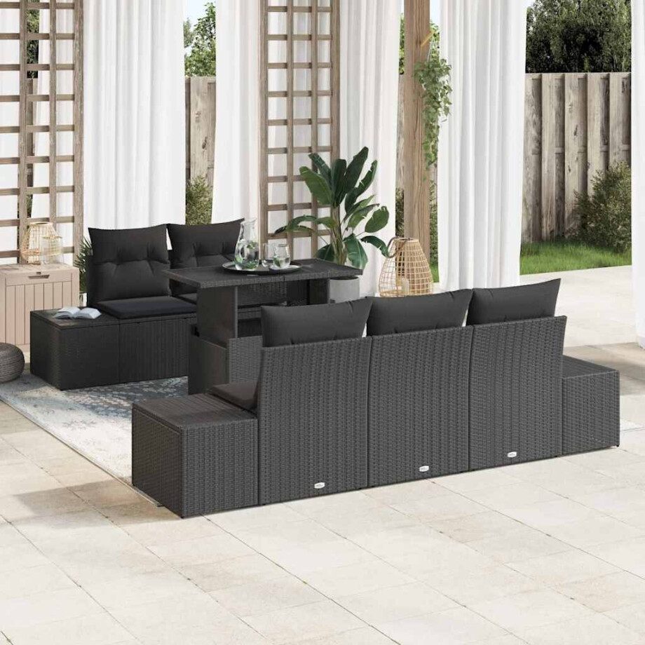 vidaXL Bankstel met kussen 6 pcs Zwart poly rattan afbeelding 1