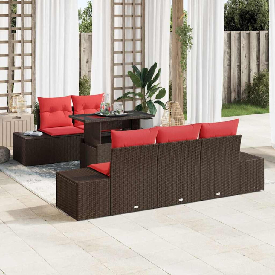 vidaXL Bankstel met kussen 6 pcs Bruin en Rood poly rattan vidaXL Bankstel met kussen 6 pcs Bruin en Rood poly rattan afbeelding 1