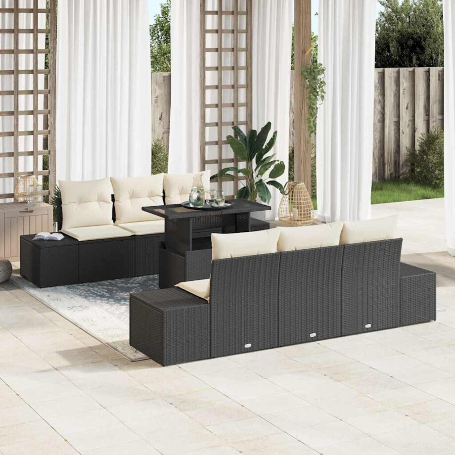 vidaXL Bankstel met kussen 7 pcs Zwart en Crème poly rattan afbeelding 1