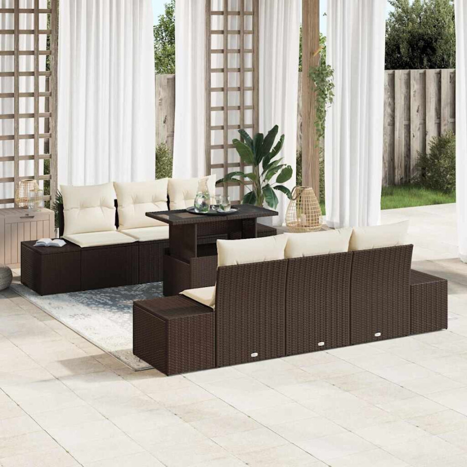 vidaXL Bankstel met kussen 7 pcs Bruin en Crème poly rattan afbeelding 1