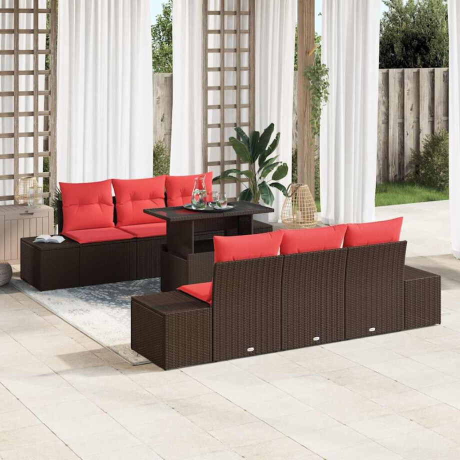 vidaXL Bankstel met kussen 7 pcs Bruin en Rood poly rattan vidaXL Bankstel met kussen 7 pcs Bruin en Rood poly rattan afbeelding 1