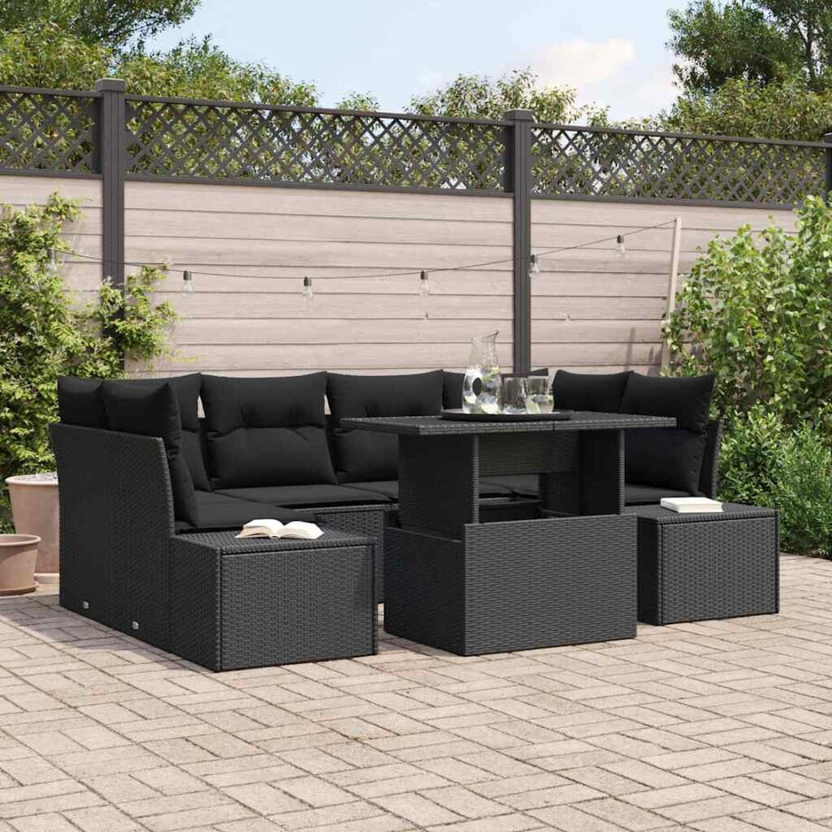 vidaXL Bankstel met kussen 7 pcs Zwart poly rattan afbeelding 1