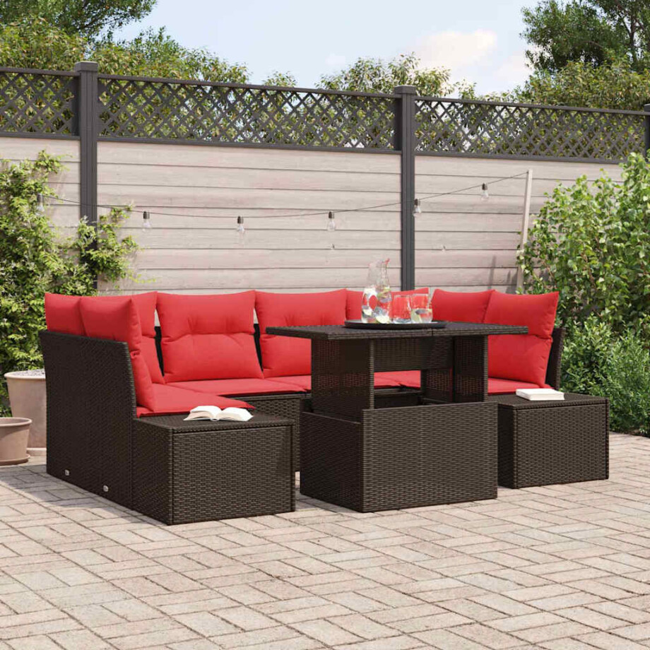 vidaXL Bankstel met kussen 7 pcs Bruin en Rood poly rattan vidaXL Bankstel met kussen 7 pcs Bruin en Rood poly rattan afbeelding 1