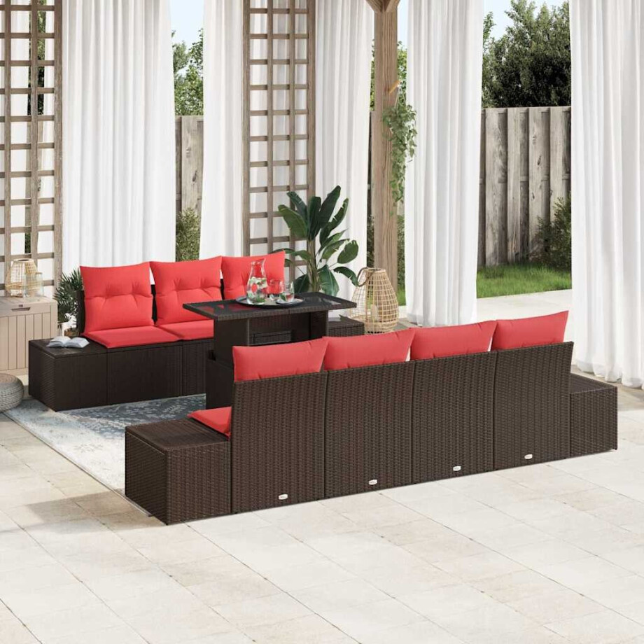 vidaXL Bankstel met kussen 8 pcs Bruin en Rood poly rattan vidaXL Bankstel met kussen 8 pcs Bruin en Rood poly rattan afbeelding 1