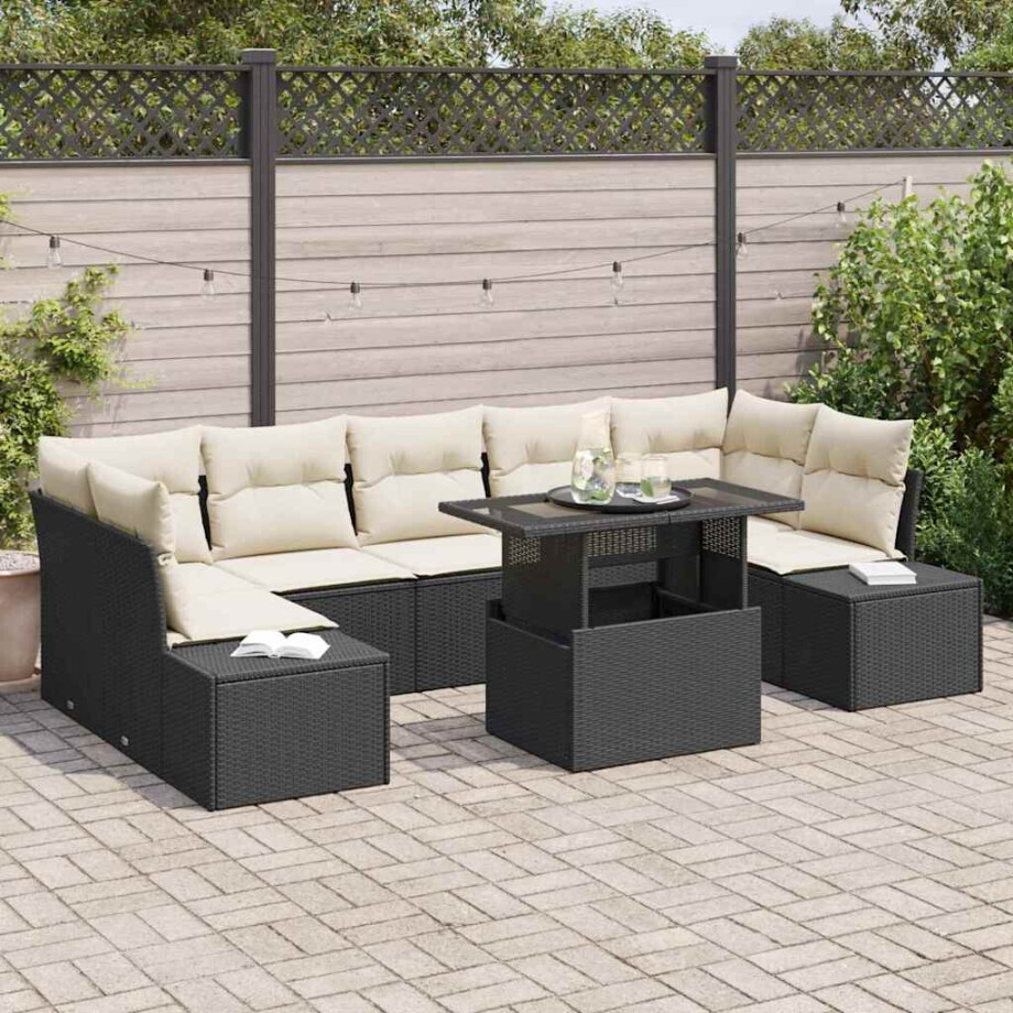 vidaXL Bankstel met kussen 8 pcs Zwart en Crème poly rattan afbeelding 1