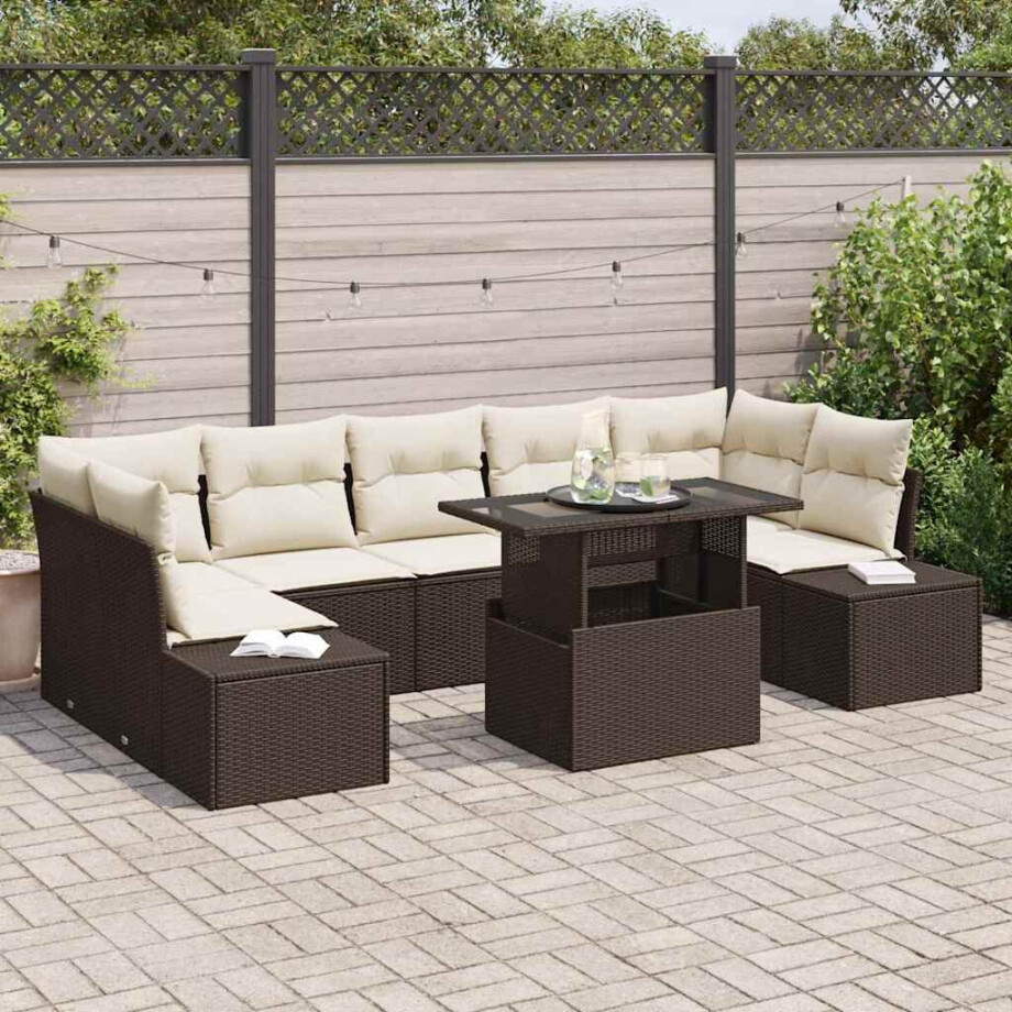 vidaXL Bankstel met kussen 8 pcs Bruin en Crème poly rattan afbeelding 1