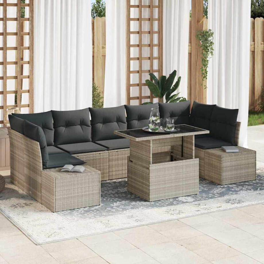 vidaXL Bankstel met kussen 8 pcs Lichtgrijs poly rattan afbeelding 1