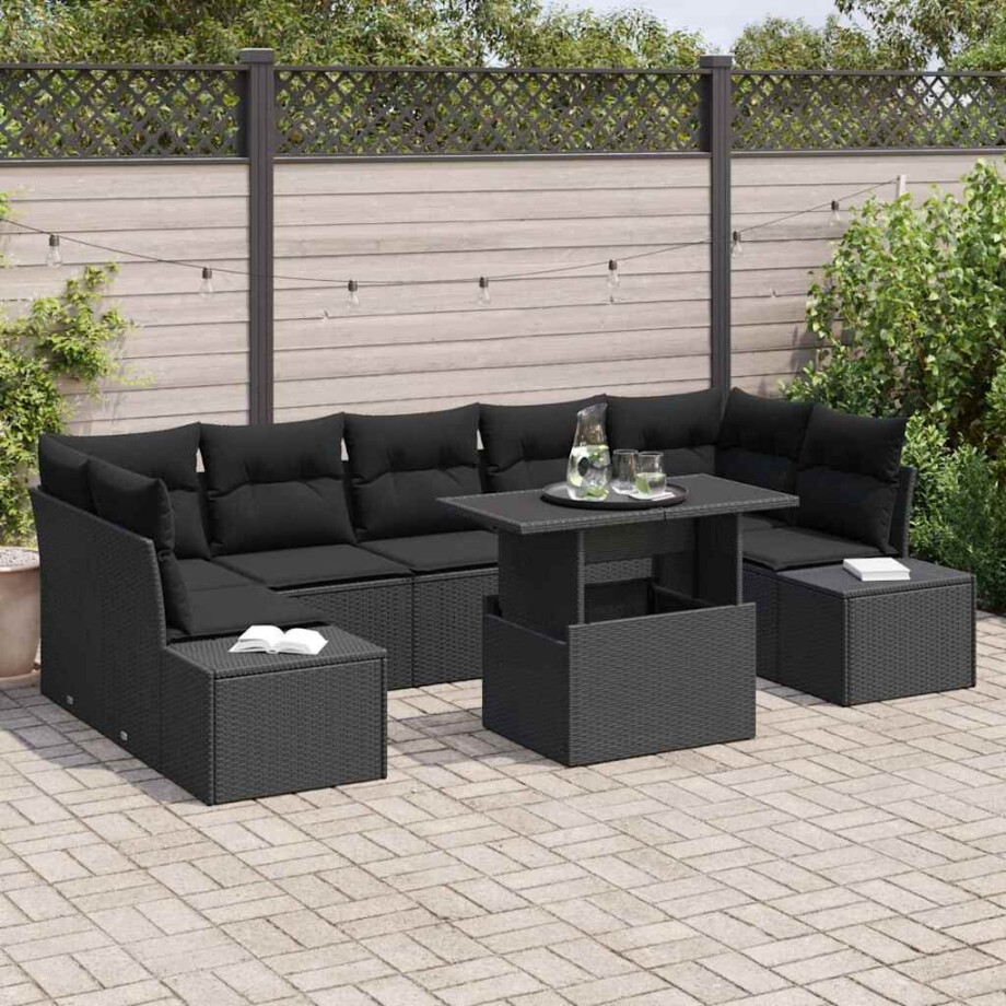vidaXL Bankstel met kussen 8 pcs Zwart poly rattan afbeelding 1