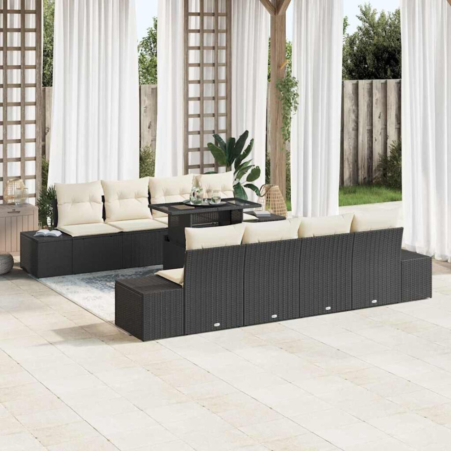 vidaXL Tuin Sofa Set met kussen 9 pcs Zwart en Crème poly rattan afbeelding 1