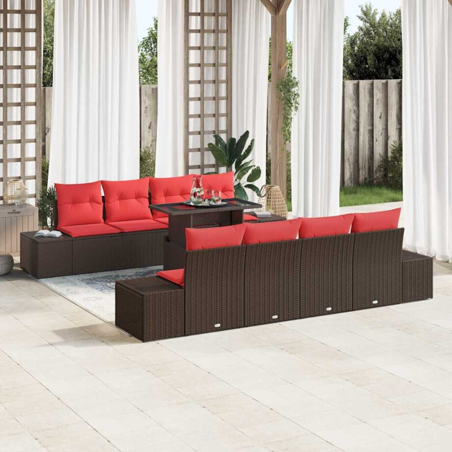 vidaXL Tuin Sofa Set met kussen 9 pcs Bruin en Rood poly rattan vidaXL Tuin Sofa Set met kussen 9 pcs Bruin en Rood poly rattan afbeelding 1