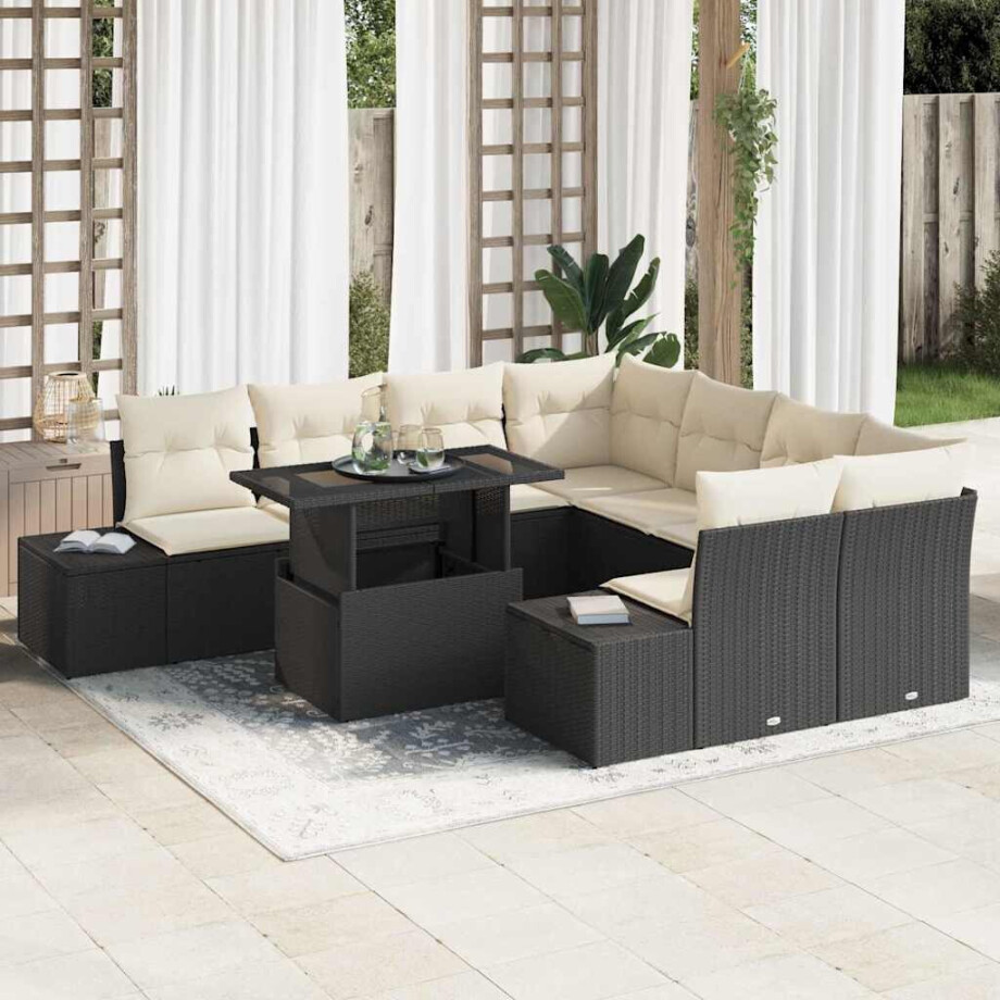 vidaXL Tuin Sofa Set met kussen 9 pcs Zwart en Crème poly rattan afbeelding 1
