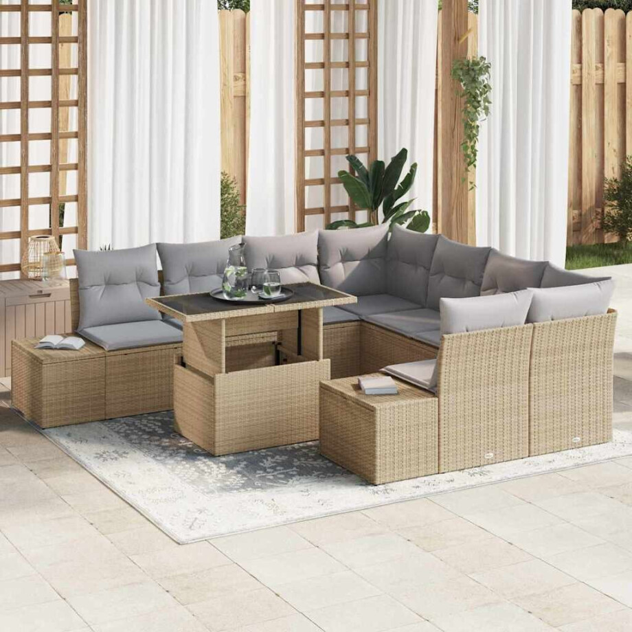 vidaXL Bankstel met kussen 9 pcs Beige en Licht Grijs poly rattan afbeelding 1