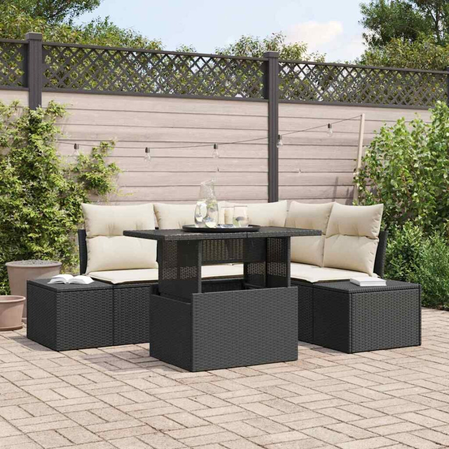 vidaXL Tuin Sofa Set met kussen 5 pcs Zwart en Crème poly rattan afbeelding 1