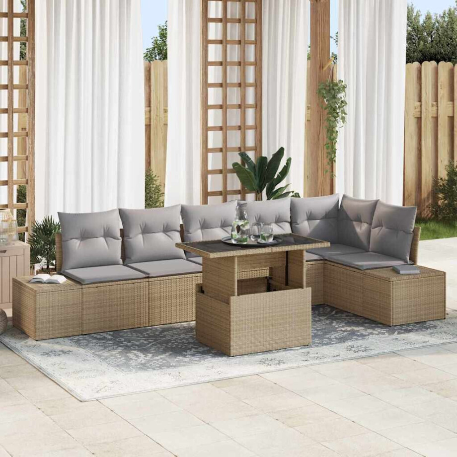 vidaXL Tuin Sofa Set met kussen 7 pcs Beige en Licht Grijs poly rattan afbeelding 1