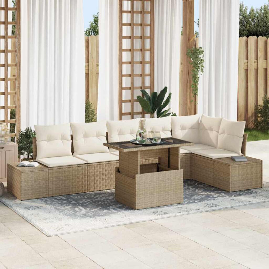 vidaXL Tuin Sofa Set met kussen 7 pcs Beige en Crème poly rattan afbeelding 1