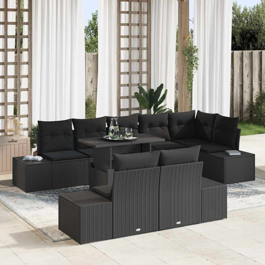 vidaXL Tuin Sofa Set met kussen 9 pcs Zwart poly rattan afbeelding 1