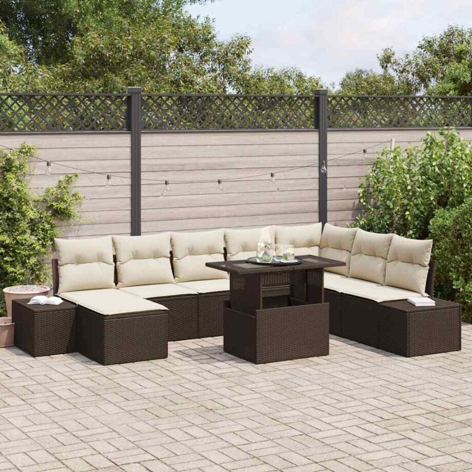 vidaXL Tuin Sofa Set met kussen 9 pcs Bruin en Crème poly rattan afbeelding 1