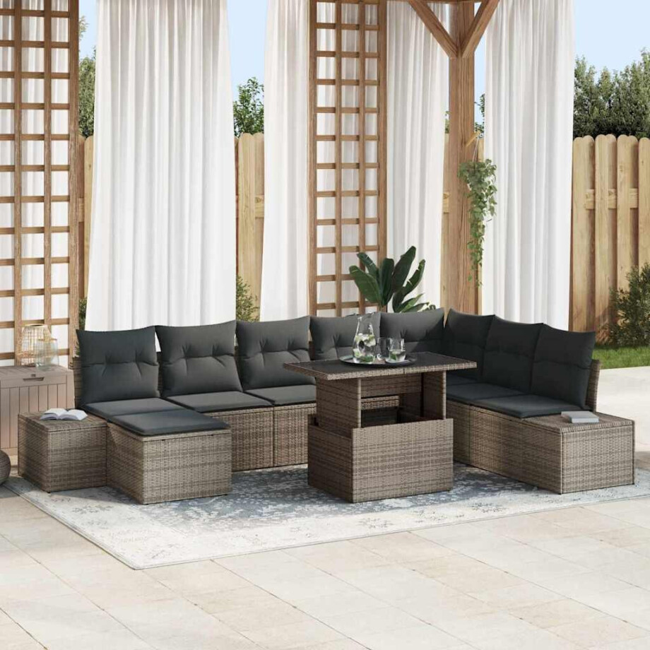vidaXL Tuin Sofa Set met kussen met opslag 9 pcs Grijs poly rattan afbeelding 1