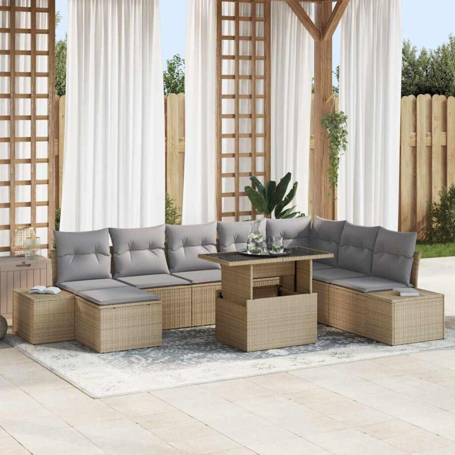 vidaXL Tuin Sofa Set met kussen 9 pcs Beige en Licht Grijs poly rattan afbeelding 1