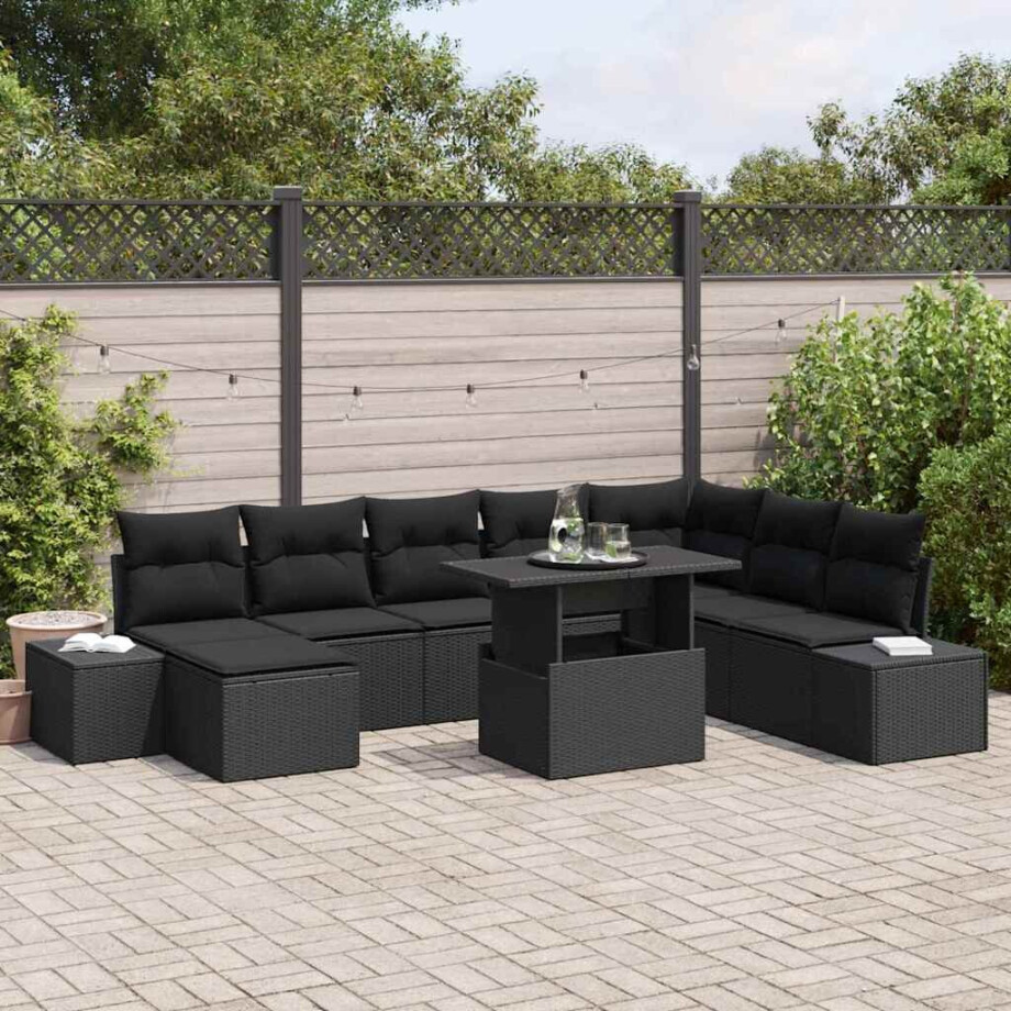 vidaXL Tuin Sofa Set met kussen met opslag 9 pcs Zwart poly rattan afbeelding 1