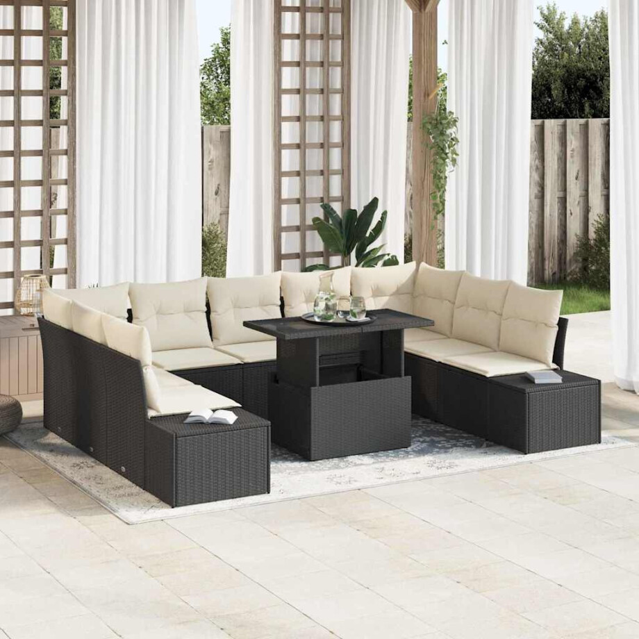 vidaXL Tuin Sofa Set met kussen met opslag 10 pcs Zwart en crème afbeelding 1