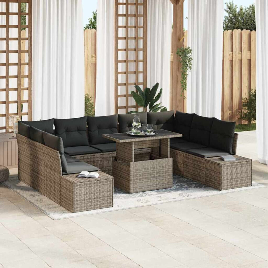 vidaXL Tuin Sofa Set met kussen 10 pcs Grijs poly rattan afbeelding 1