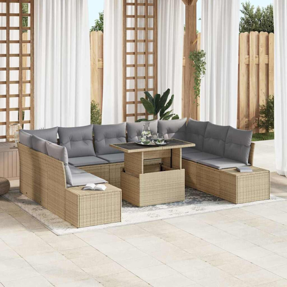 vidaXL Tuin Sofa Set met kussen met opslag 10 pcs beige en lichtgrijs afbeelding 1