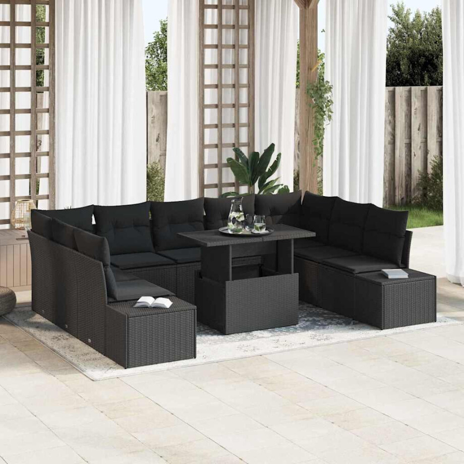 vidaXL Tuin Sofa Set met kussen 10 pcs Zwart poly rattan afbeelding 1