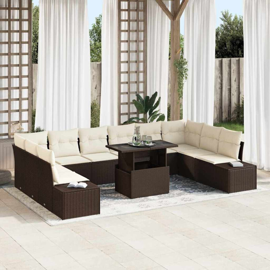 vidaXL Tuin Sofa Set met kussen met opslag 11 pcs Bruin en crème afbeelding 1