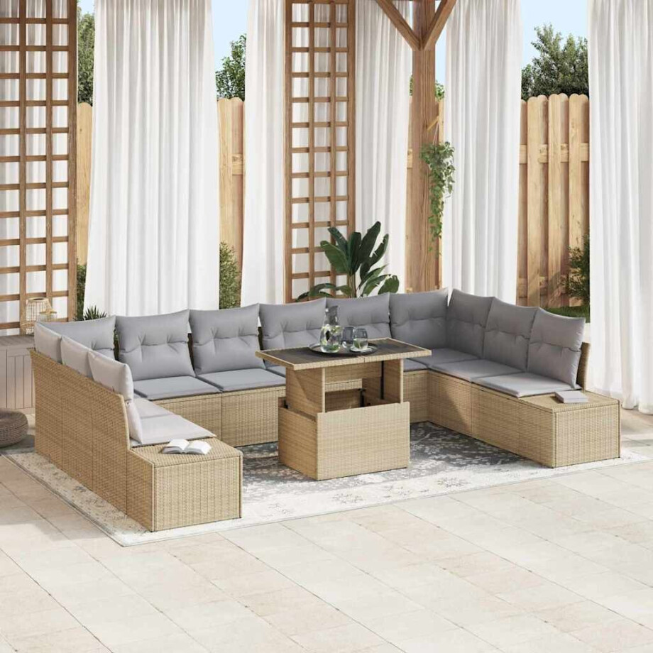 vidaXL Tuin Sofa Set met kussen met opslag 11 pcs beige en lichtgrijs afbeelding 1