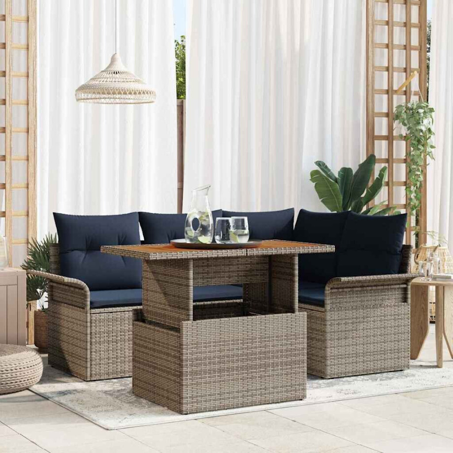 vidaXL Tuin Sofa Set met kussen met opslag 5 pcs grijs en marineblauw vidaXL Tuin Sofa Set met kussen met opslag 5 pcs grijs en marineblauw afbeelding 1