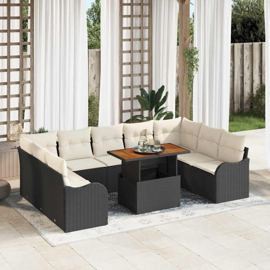 vidaXL Tuin Sofa Set met kussen 10 pcs Zwart en crème afbeelding 1