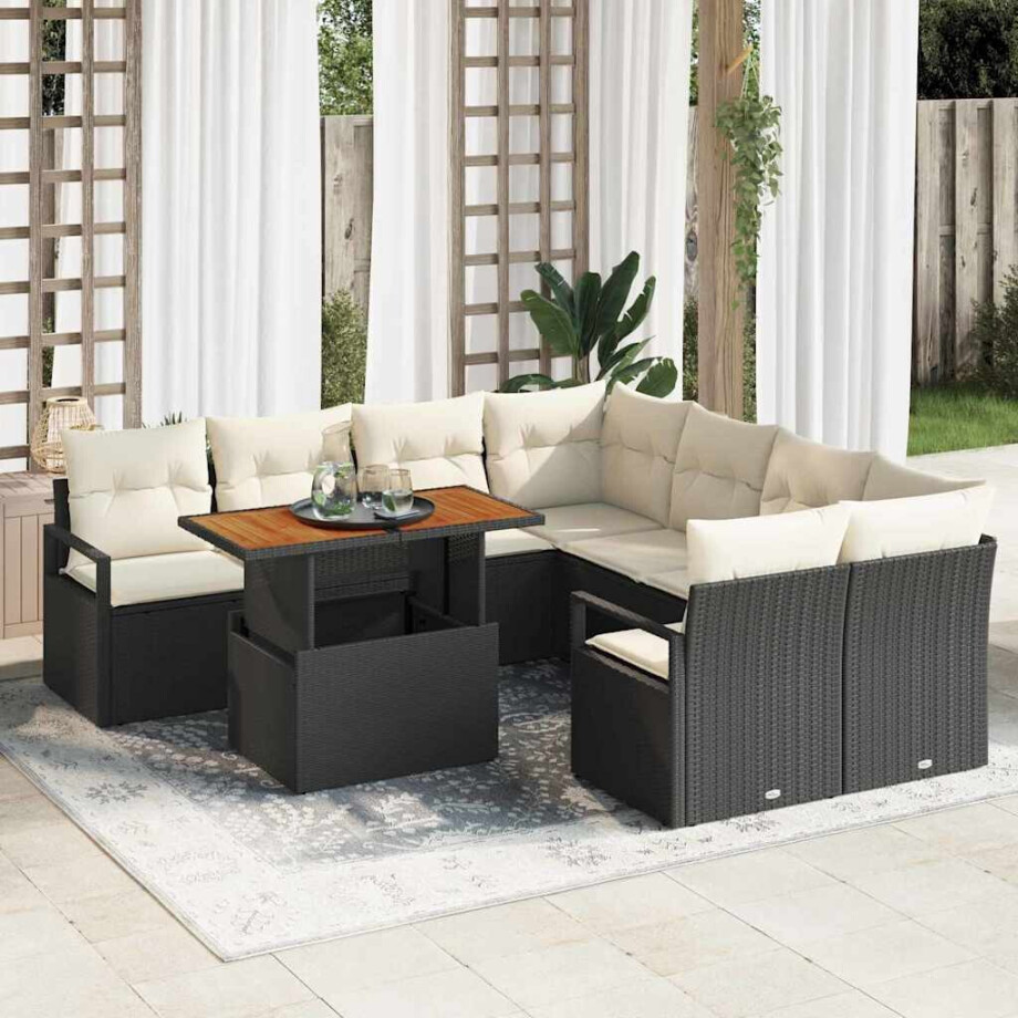 vidaXL Tuin Eetset met kussen 9 pcs Zwart en Crème afbeelding 1