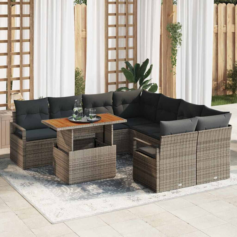 vidaXL Tuin Eetset met kussen 9 pcs Grijs en Bruin afbeelding 1