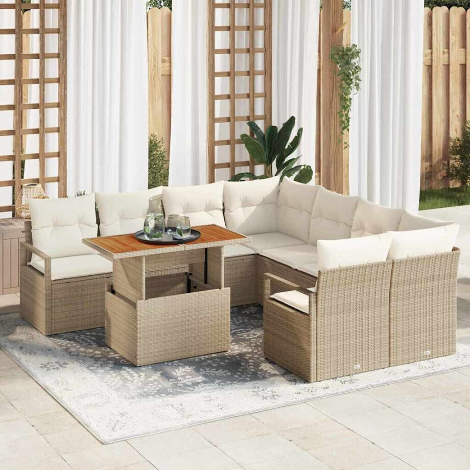 vidaXL Tuin Eetset met kussen 9 pcs Beige en Crème vidaXL Tuin Eetset met kussen 9 pcs Beige en Crème afbeelding 1