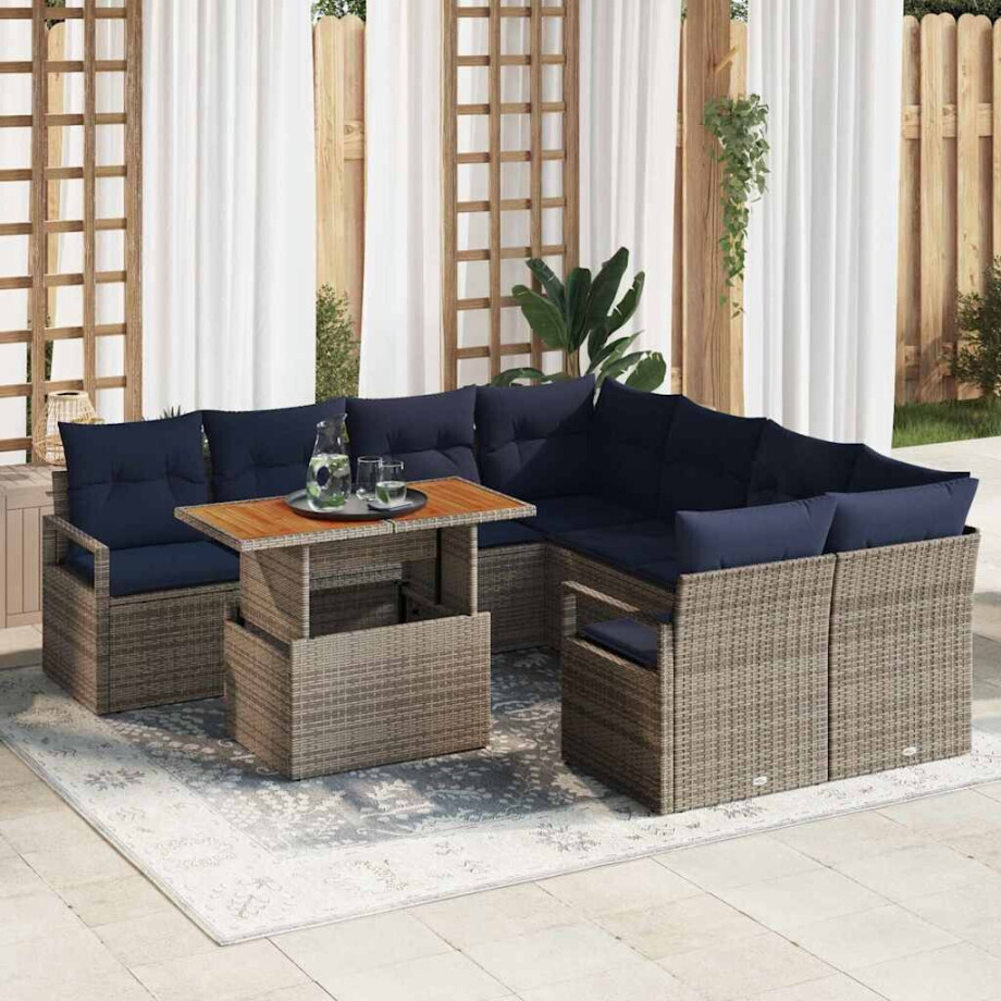 vidaXL Tuin Eetset met kussen 9 pcs Grijs en Marineblauw afbeelding 1