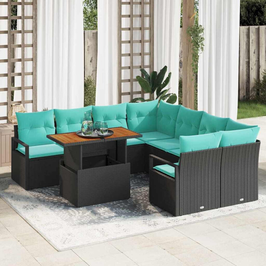 vidaXL Tuin Eetset met kussen 9 pcs Zwart en Blauwgroen afbeelding 1
