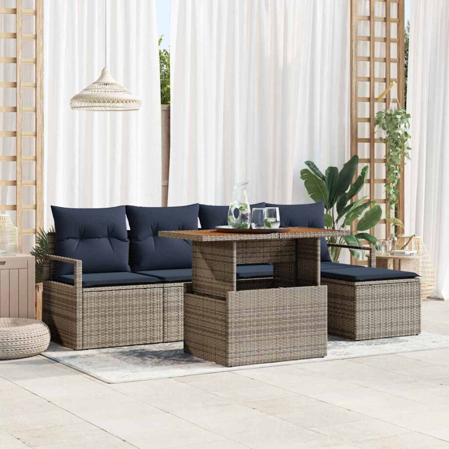 vidaXL Tuin Eetset met kussen 6 pcs Grijs en Marineblauw afbeelding 1