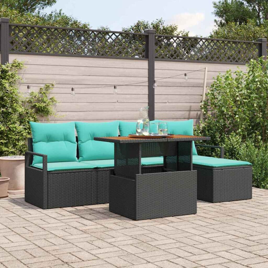 vidaXL Tuin Eetset met kussen 6 pcs Zwart en Blauwgroen afbeelding 1